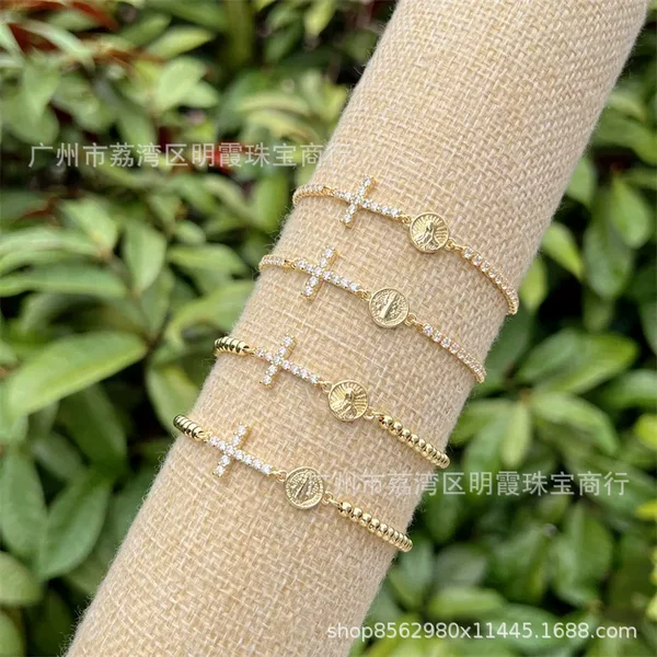18K Gold-Plated Copper Cross with Zircon Diamonds and Round Virgin Mary Saint Jude Large Head Full-Body Bracelet Cross-Border