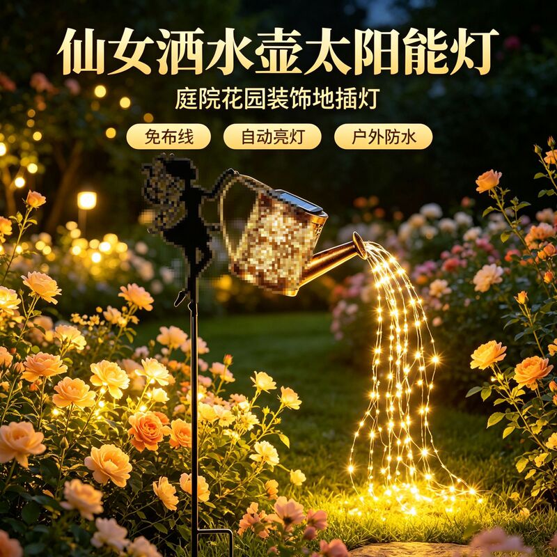 Cross-border solar-powered fairy garden stake lights, outdoor courtyard and garden lawn iron stake with hollow design and watering can Cross-border solar-powered fairy garden stake lights, outdoor courtyard and garden lawn iron stake with hollow design and watering can