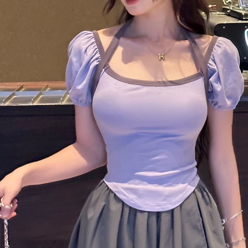 Blusa de verano con cuello colgante, clavícula baja, única y picante, cuadrada francesa, dulce temperamento, con retazos de burbujas y mangas cortas_voghion.com