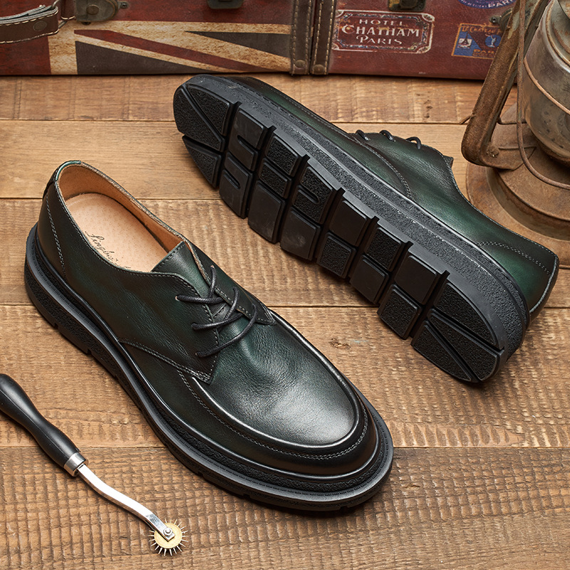 British Style Vintage Business Casual Leather Shoes Men's Genuine Leather Korean Style Fashionable Breathable Lace-up Soft Bottom Thick Bottom Derby
