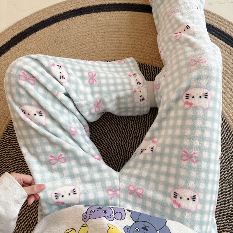Pantalones de pijama de franela de dibujos animados de otoño y invierno para mujeres con pantalones de lana de coral caliente para estudiantes de lana de invierno para el hogar