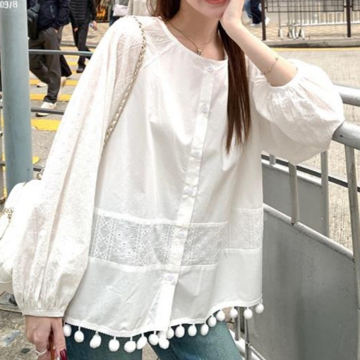 Yangyang YANGRUOYU Selling Spring Tassel Shirt Women's Design Sense Heavy Industry Lace Long Sleeve Doll Shirt White