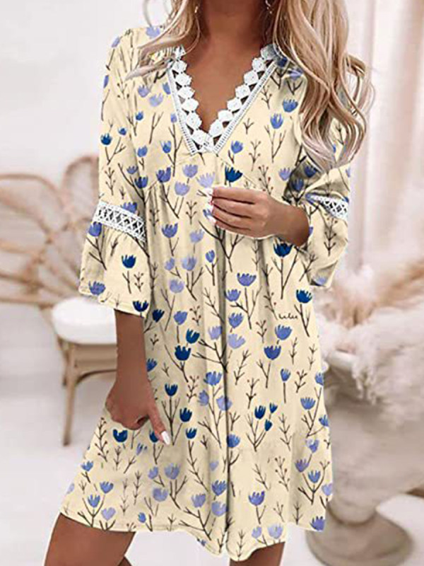 lace printed V-neck stitching bohemian loose dress NSMS131021