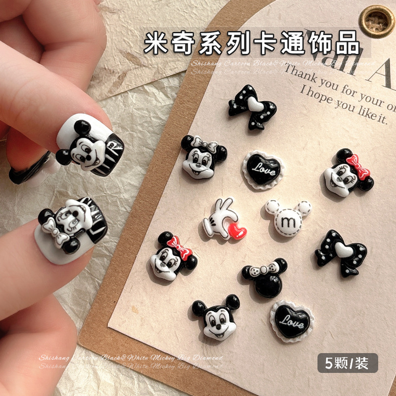 New Cartoon Nail Art Jewelry Cute Black and White Mickey Series Polka Dot Bow Tie Resin Nail Decoration Drill