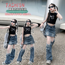 女童设计感两截牛仔套装夏季网红辣妹嘻哈街舞走秀短裙中大童潮服