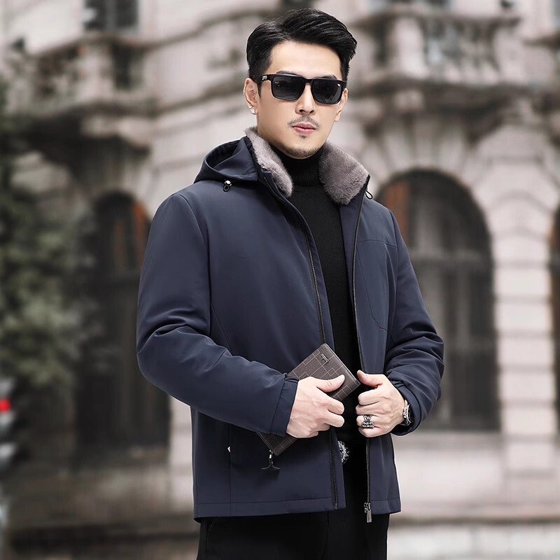 New Full Mink Lining Mink Collar Men's Fur Short Jacket Hooded Parka Mink Coat Winter