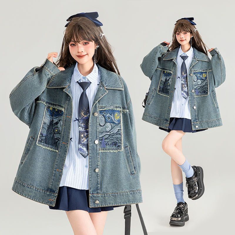 Embroidered Denim Jacket for Women 2025 Autumn New Style Artistic Loose Design Slim American Jacket Top for Women