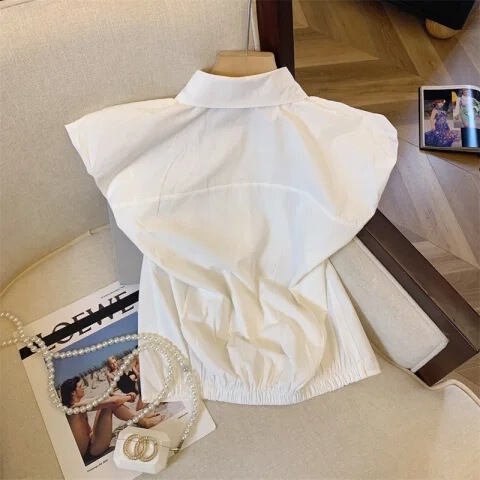 Short lapel shirt women's summer 2025 European goods small shirt explosion bubble sleeve flower design sense top