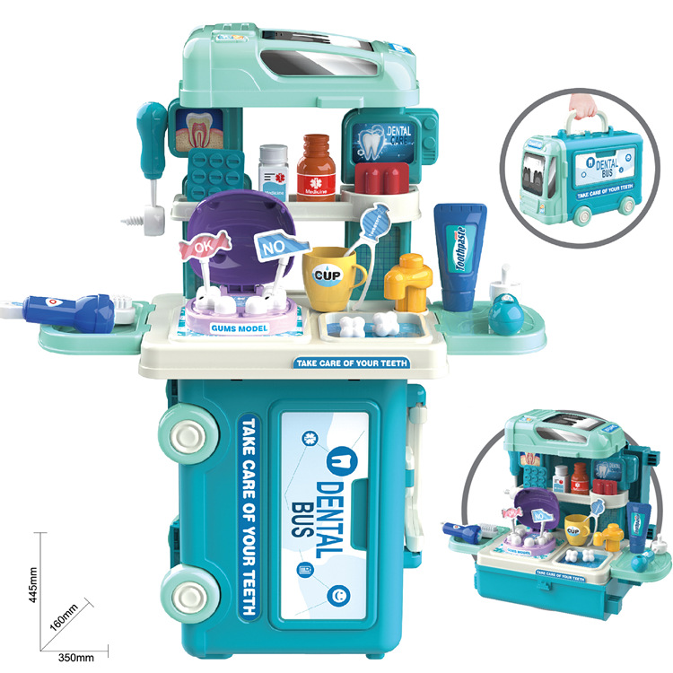 Simulación de niños transfronterizos 3-en-1 autobús cocina vajilla herramientas de maquillaje juego de juego casa maleta doctor juguete