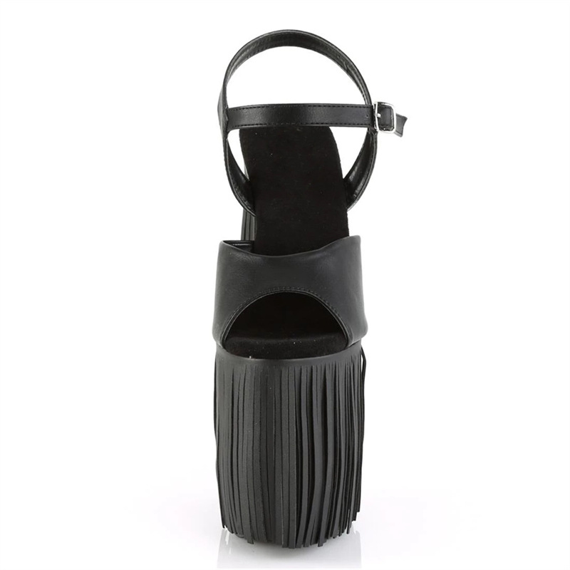 26cm negro PU borla decoración plataforma impermeable odio cielo alto pole dance sandalias de tacón alto de punta abierta