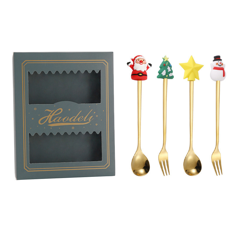 クリスマススプーンセット クリスマス食器ギフト2点セット デザートスプーンとフォーク サンタクロースとトナカイのフィギュア付きスプーン|undefined