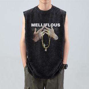 Vest Men's Summer Stylish Handsome American Sleeveless T-Shirt Trendy Men's Washed Distressed Sports Vest Top