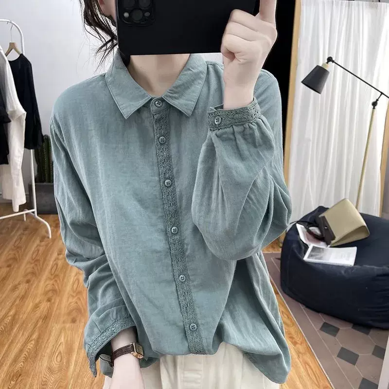 跨境纯色复古棉麻衬衫女春秋装新款蕾丝花边拼接长袖宽松打底衬衣
