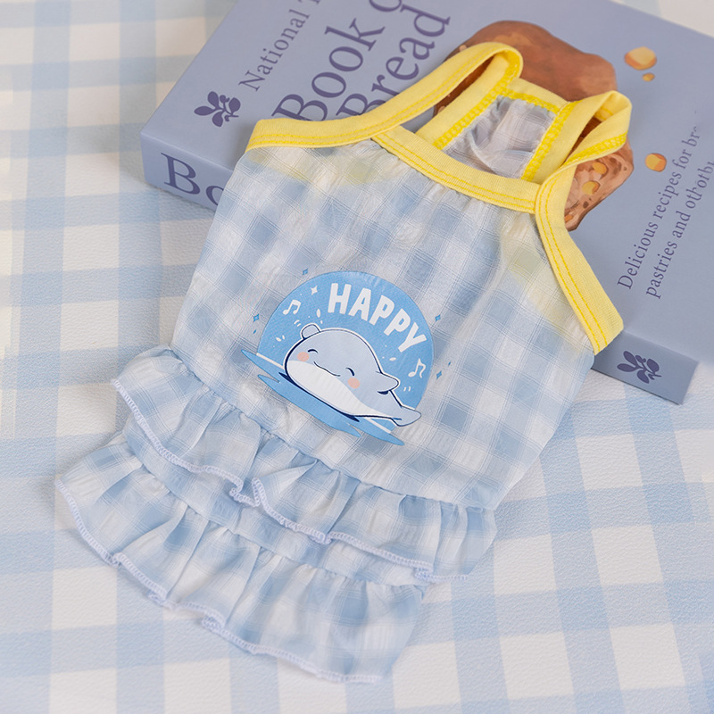 Primavera y verano perros frescos macarón cuadriculado vestido de tira de dibujos animados felino vestido de verano ropa de perro Teddy