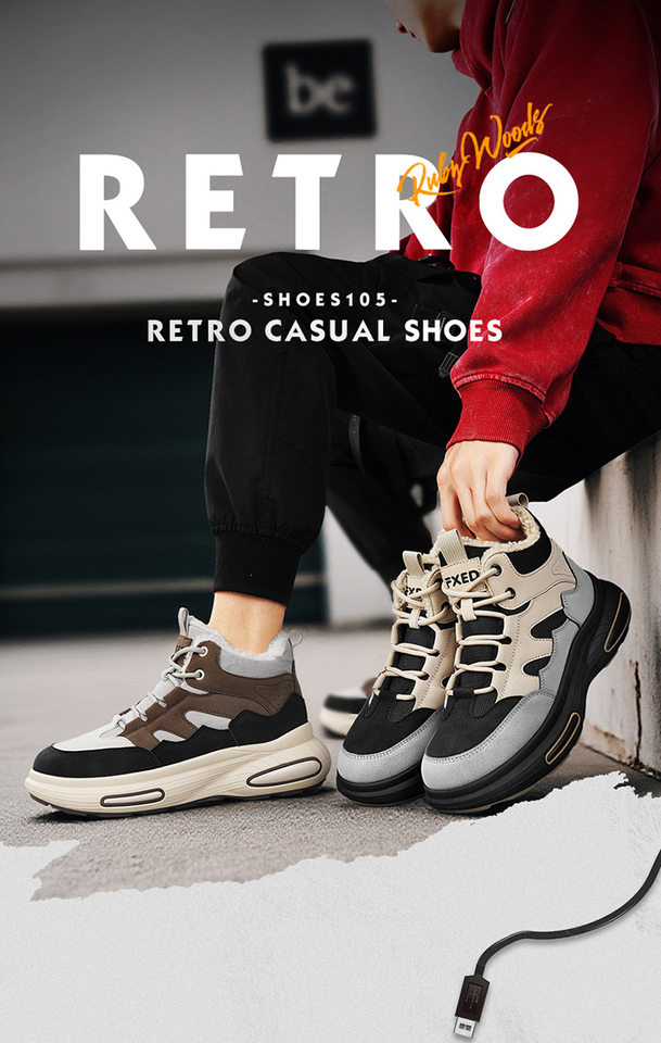 Giày bốt cổ cao lót lông giữ ấm mùa đông cho nam, đế dày, phong cách casual — gạo xám, nâu đen chi tiết 2