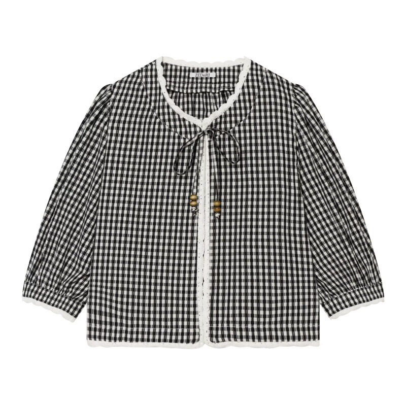 Unizera Women's Clothing 2026 Summer New Product Round Neck Elbow-Length Sleeves Crochet Patchwork Small Checkered Top 3046105