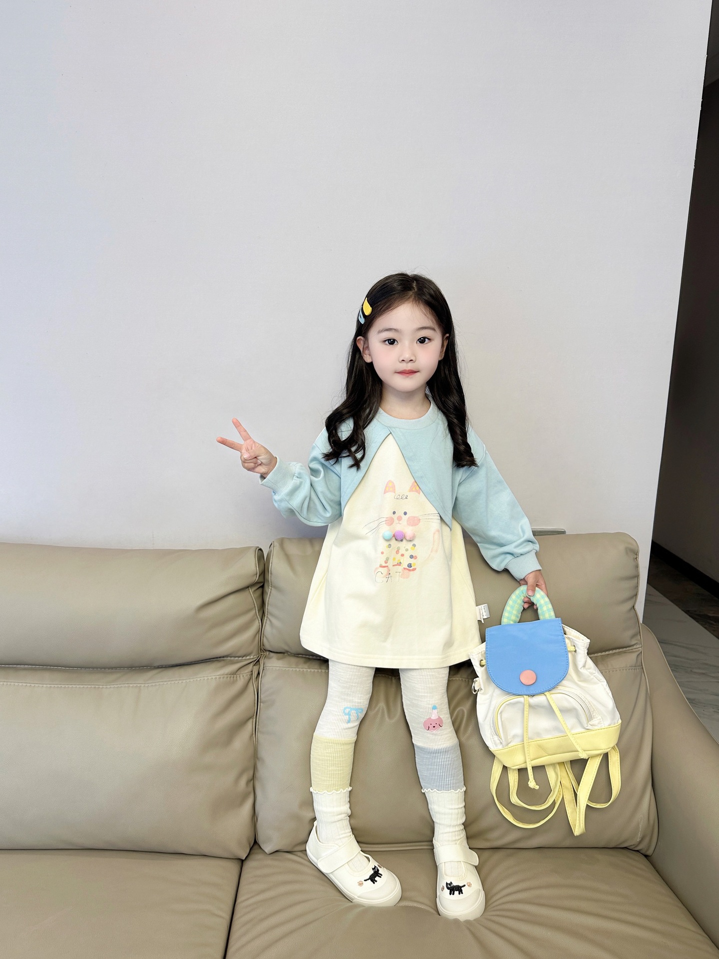 (2개) 2024 새로운 가을 어린이 라글란 소매 새끼 고양이 스웨터 귀여운 레깅스 세트