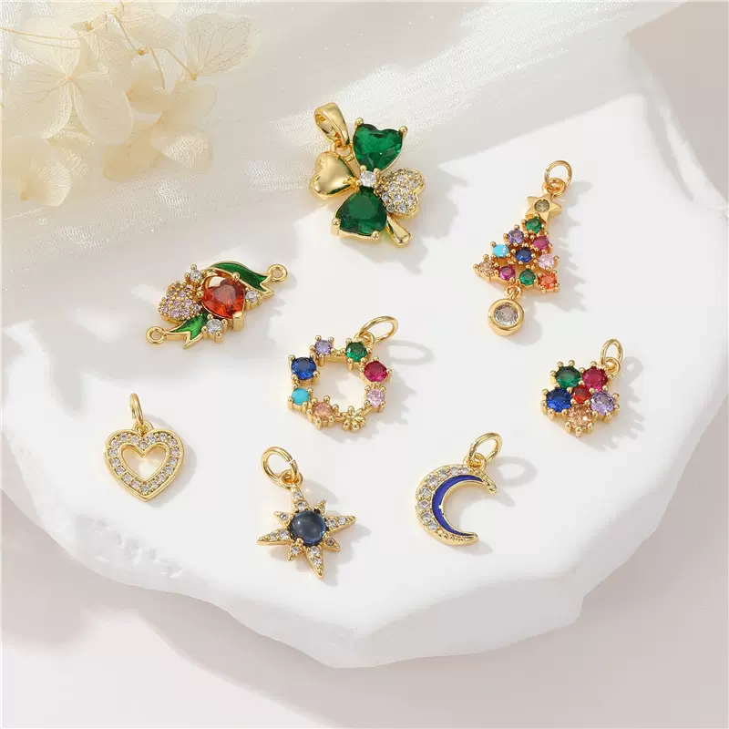 众兴14k金微镶锆石圣诞树四叶草爱心项链吊坠手作材料DIY饰品配件