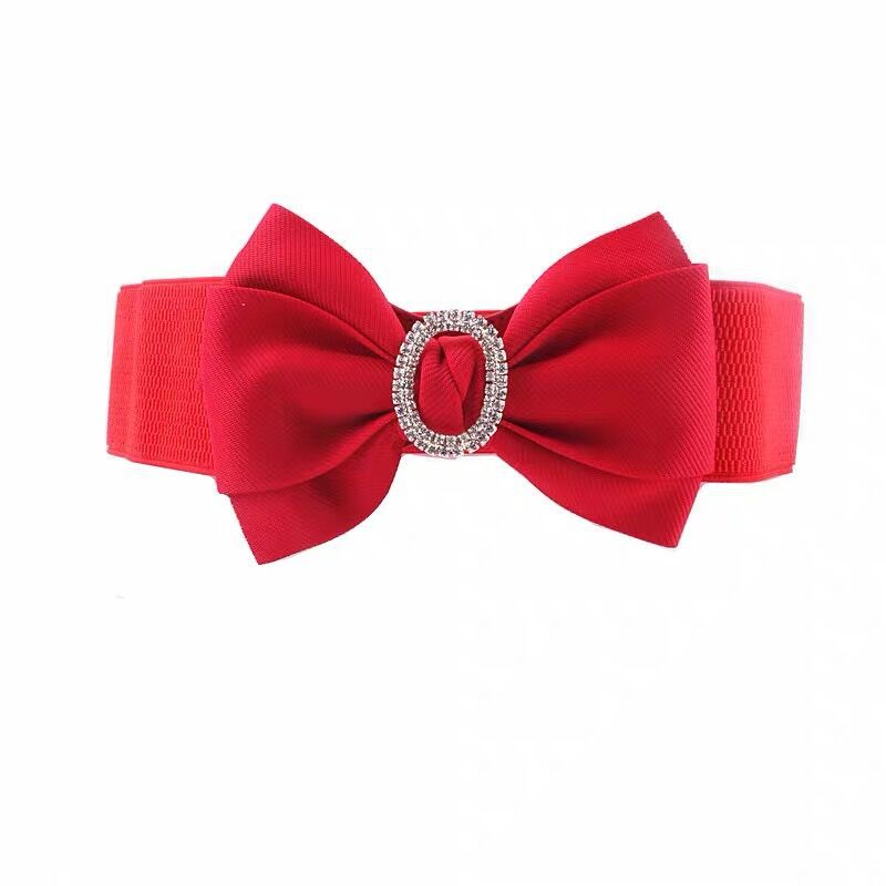 Sweet Style Sweet Bow Knot Cloth Elastic Band Inlay Rhinestones Women's Woven Belts