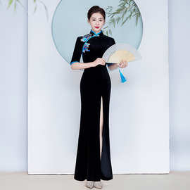 丝绒旗袍T台走秀演出服女2026年新款夏季长款原创鱼尾形体导师服