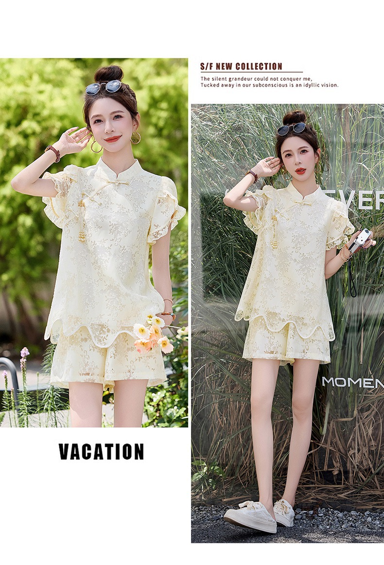Bộ đồ ren kiểu Trung Quốc mới mùa hè 2025, áo ngắn khóa cài retro hai mảnh — màu xanh lá cây, mơ chi tiết 20