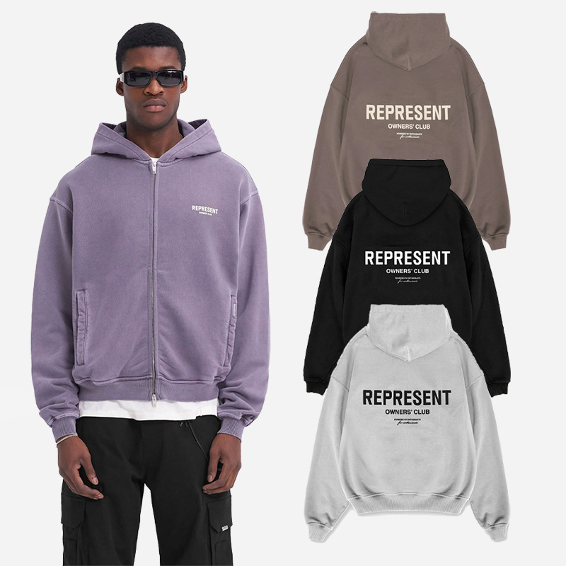 Marca de moda transfronteriza REPRESENTAR PROPIETARIOS CLUB lema cremallera cardigan hombres y mujeres sueltos suéter con capucha
