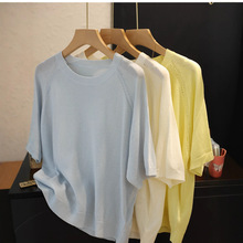 莱赛尔天丝雨露亚麻女装 圆领针织短袖T恤麻料小衫镂空上衣女夏季