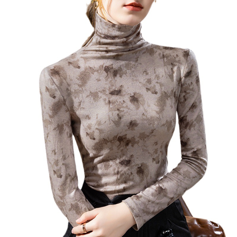 Camisa de fondo de cuello alto para mujer 2023 nuevo estilo europeo ropa de mujer estilo occidental impreso manga larga cepillado camiseta cintura-top interior ajustado