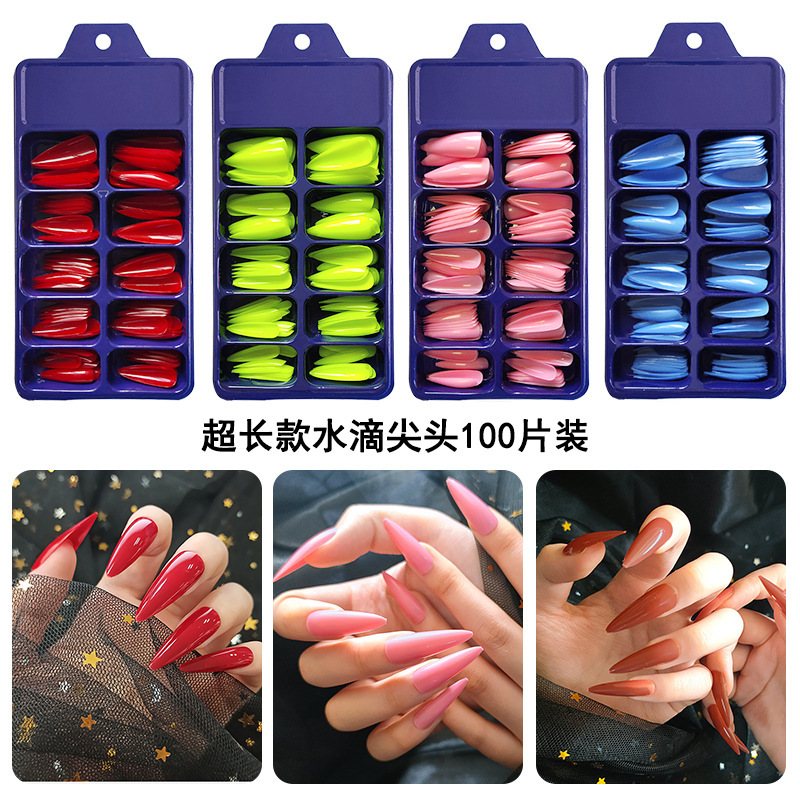 Solid Color Pointed Round Head Wearable Nails 100 Pieces of Manicure Nails Plastic Box Fine Blue Box Manicure Patches