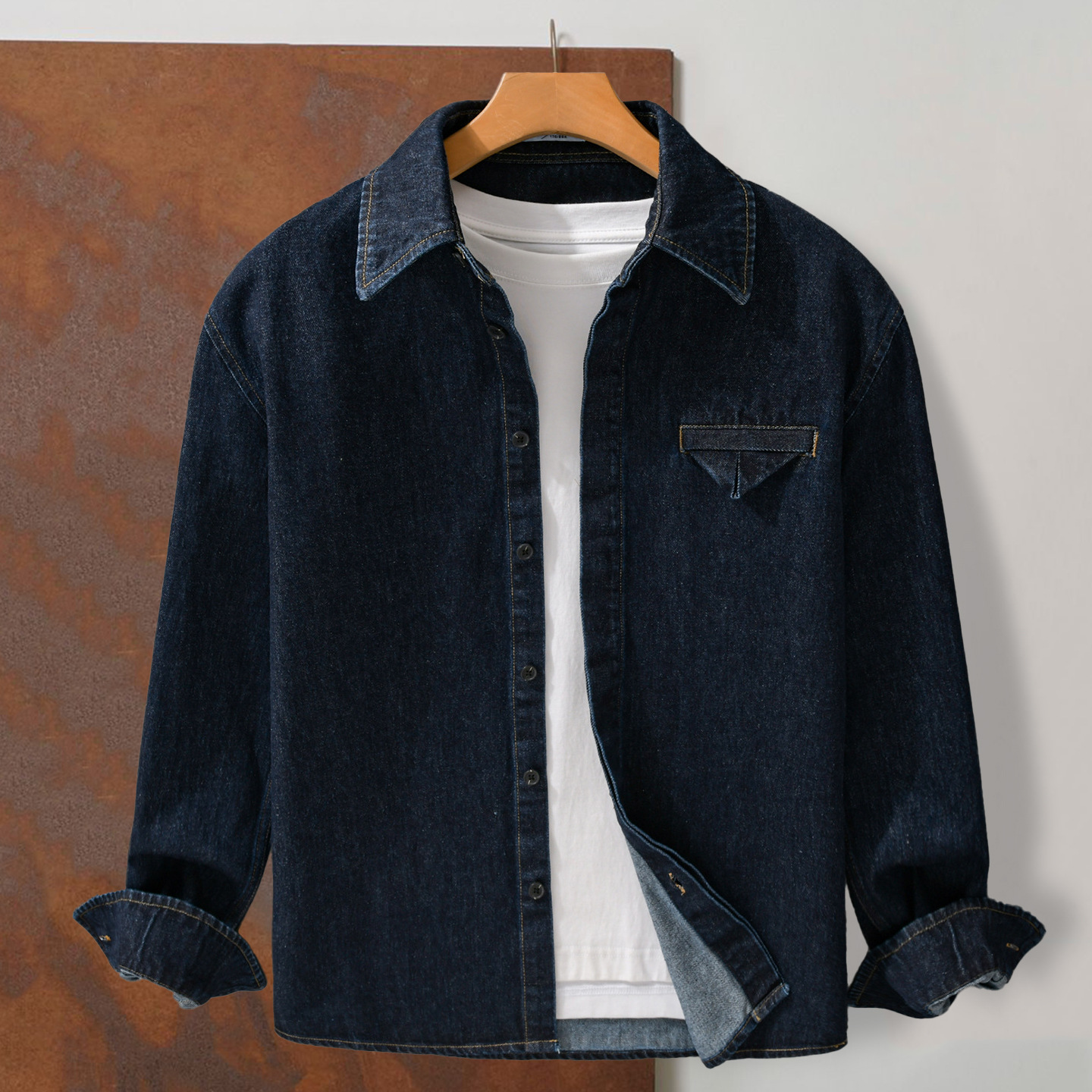 9890 Men's Heavy Weight Washed Denim Shirt Japanese Style Retro Loose Layered Tops Literary Easiest for Match Long Sleeve Top