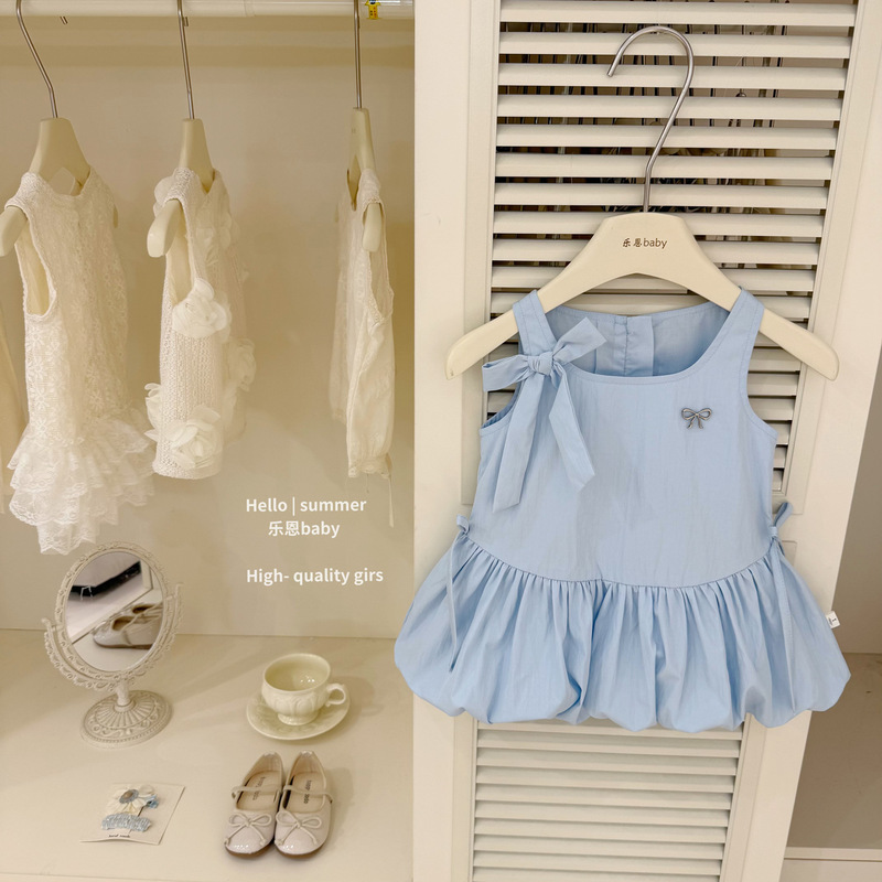 [Leenbaby] 2026 Summer Girls' Blue Flower Bud Dress Baby French Princess Vest Dress