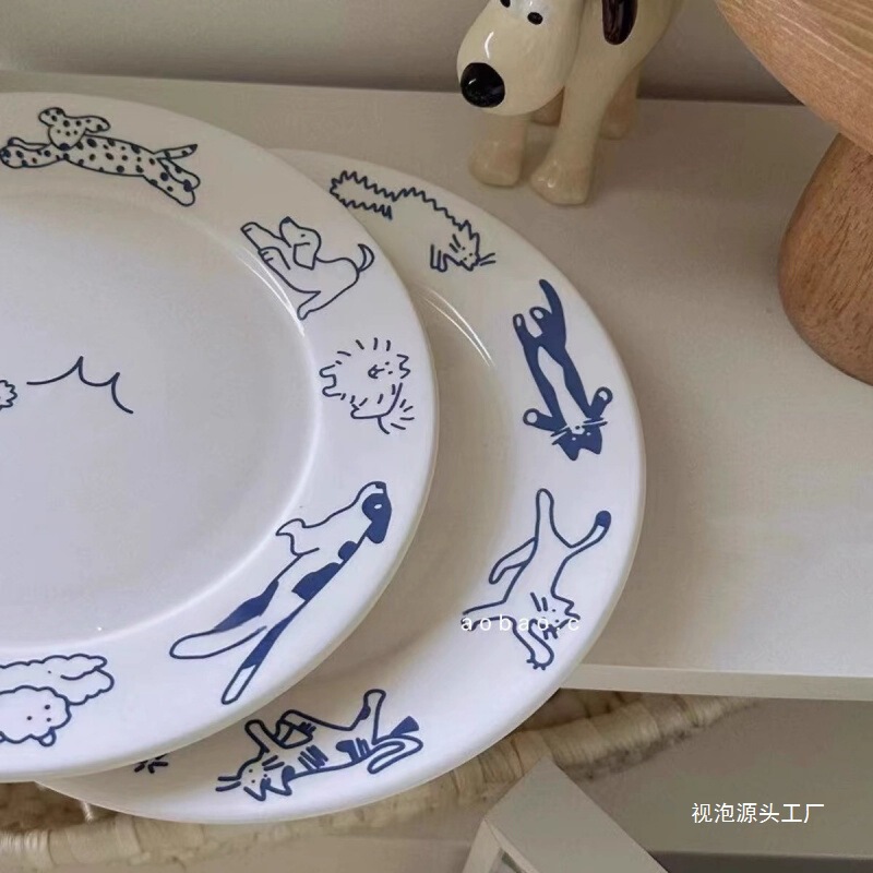 韓国に輸出レトロかわいい線画犬猫セラミックプレート 8inch 漫画デザート朝食プレートニッチビューバブル|undefined