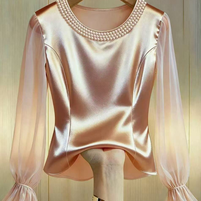 Cross-Border 2026 New Style Pearl Beaded Round Neck Satin Shirt for Women, Long-Sleeved, Elegant and Fashionable Top