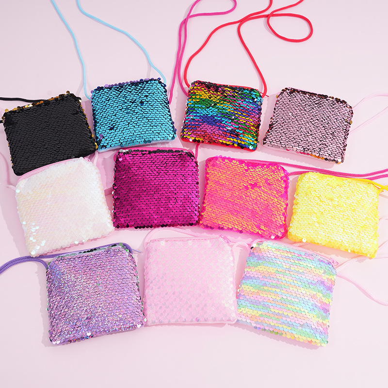 Cross-Border Trade Square Sequin Cute Children's Backpack Crossbody Bag Colorful Cartoon Zipper Coin Purse Dazzling