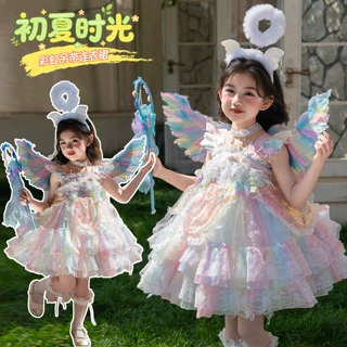 女童洛丽塔公主裙女孩生日礼服连衣裙儿童洋气翅膀七色彩虹连衣裙
