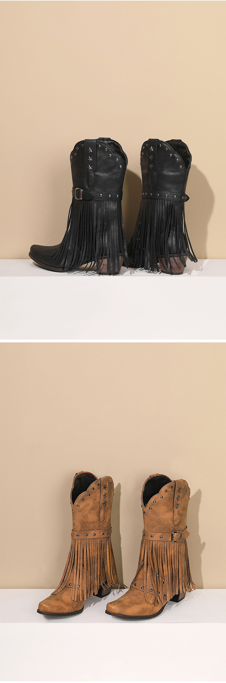 Western boots riveted belt buckle tassel mid-calf boots_voghion.com
