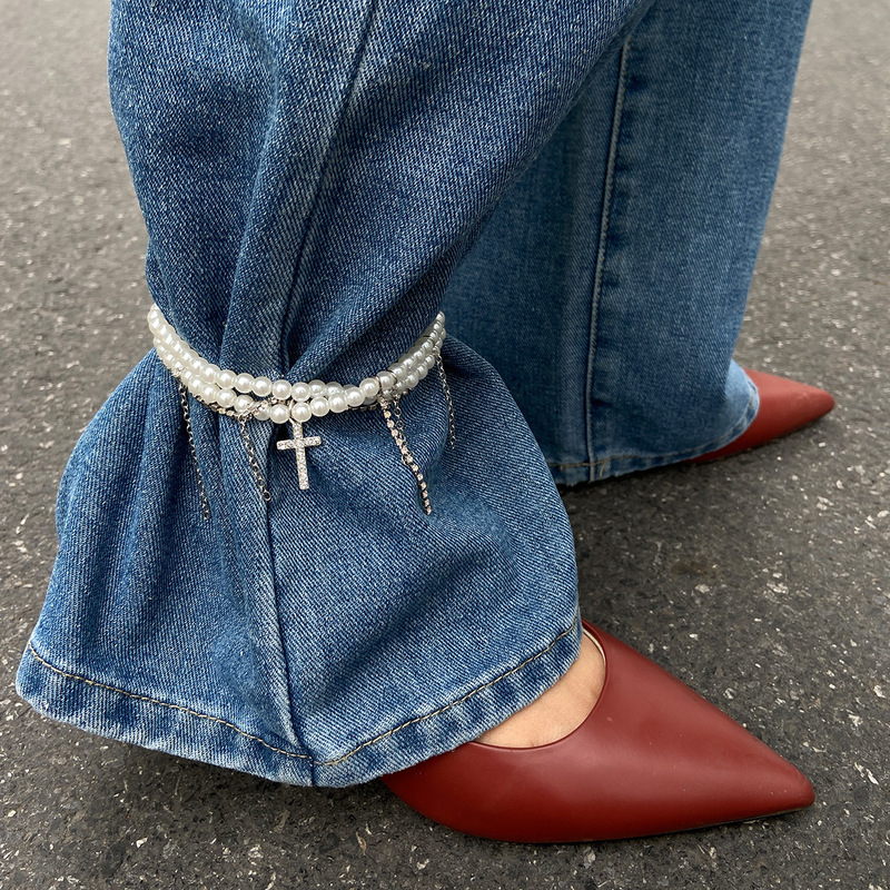 European and American Cross-Border Jewelry Diamond Cross Pendant Tassel Anklet Fashion Imitation Pearl Beaded Jeans Anklet