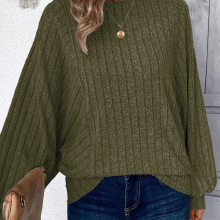 2025秋冬新品爆款欧美外贸宽松大码坑条灯笼长袖针织衫T恤亚马逊