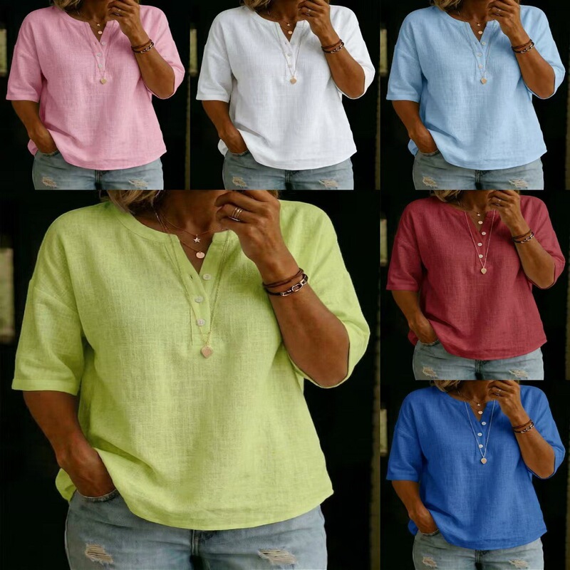 2026 Cross-Border Foreign Trade European and American Amazon Wish Hot-Selling Women's Clothing Spring and Summer V-Neck Cotton and Linen Solid Color Five-Point Shirt 2026 Cross-Border Foreign Trade European and American Amazon Wish Hot-Selling Women's Clothing Spring and Summer V-Neck Cotton and Linen Solid Color Five-Point Shirt
