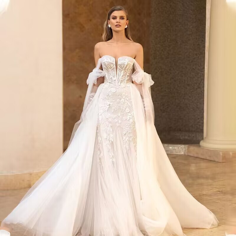 Wedding Dress 2026 New Style Off-Shoulder Foreign Trade Wedding Dress with Large Skirt Detachable Lace Train Foreign Trade Wedding Dress Wedding Dress 2026 New Style Off-Shoulder Foreign Trade Wedding Dress with Large Skirt Detachable Lace Train Foreign Trade Wedding Dress