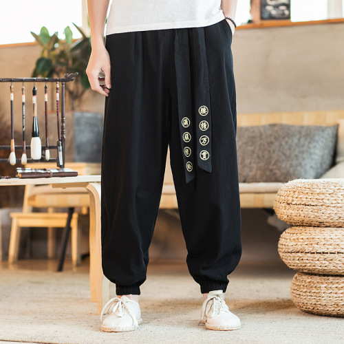 Chinese kung fu pants for men loose casual embroidery cotton linen exercises harem pants men's retro lace-up trousers tang suit 