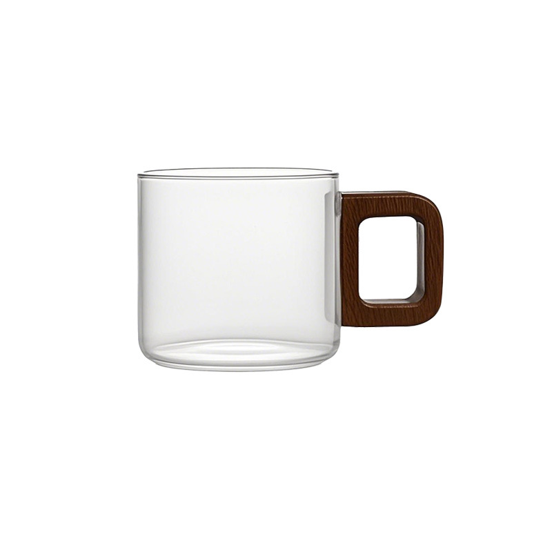 Taza de té de vidrio con asa de madera Taza de té pequeña para el hogar resistente a altas temperaturas Taza de té de hospitalidad de vidrio con alto contenido de borosilicato de hollín transparente personal