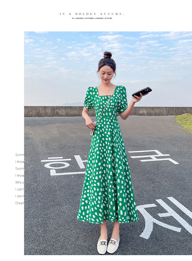 Sexy Short-sleeved Korean Hepburn-style Elegant Dress, A-line Chiffon, Pure And Alluring, Plus-size, Green Floral_ecoleips.com