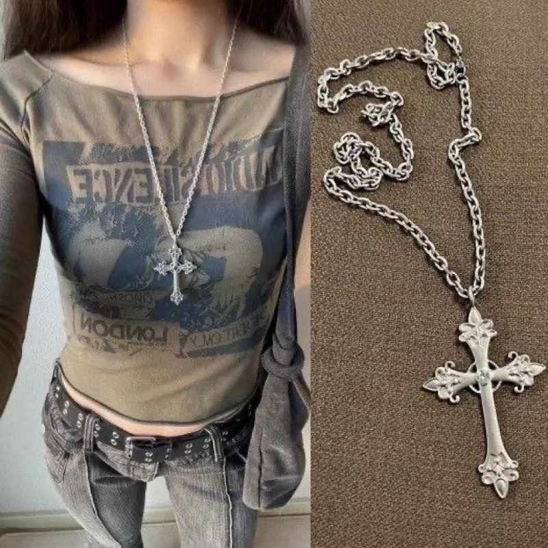 Korean Niche Design Same Style Silver Cross Women's Long Flower Punk Hot Girl Retro Necklace Neck Ornament