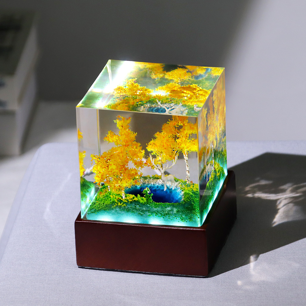 New Autumn Micro Landscape Fawn Glue Drops Handmade Cube Ornaments Office Bedroom Desktop Decoration Gift