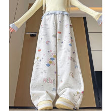 kt猫印花阔腿休闲裤女秋冬季加绒抽绳束脚卫裤两穿高腰显瘦直筒裤