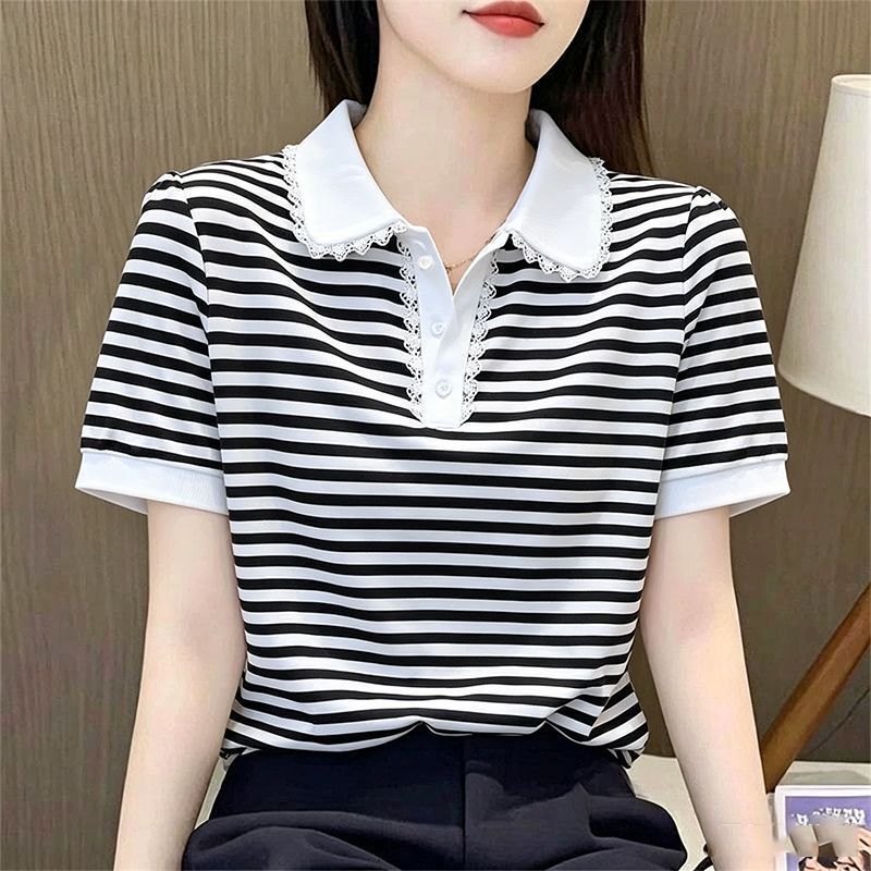 Combed Cotton 95% Spandex 5% Everyday Stylish Age-Reducing Lace-Trimmed Collar Short-Sleeve Summer Fashion Color-Blocking T-Shirt for Women