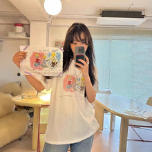 清仓 纯棉编辫子女孩印花T恤2025夏季女宽松ins休闲短袖上衣flet*