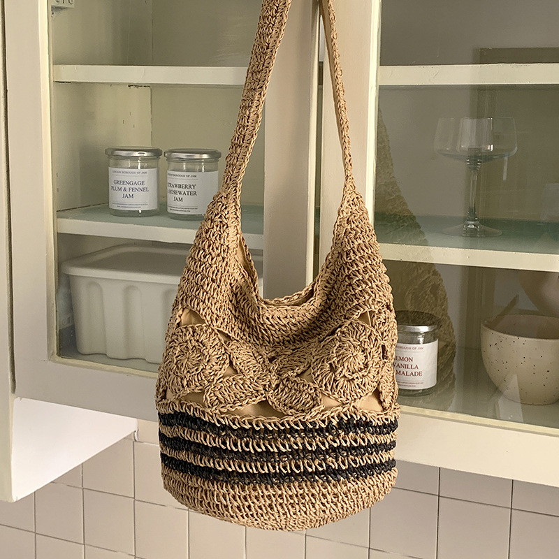 Bolso cesta de almacenamiento, bolso de mano de ratán, bolso de hombro tejido, ratán natural y hierba marina hechos a mano, ribete de cuero, ecológico, ligero, duradero para uso diario_voghion.com