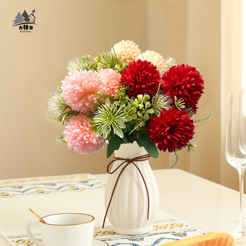 Nordic table tennis chrysanthemum Nordic ball chrysanthemum spring color thorn ball dandelion fake flower living room potted flower arrangement wedding decoration cross-border